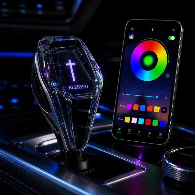 DYUHOP "Blessed" Cross RGB Crystal Shift Knob – App-Controlled LED Automotive Gear Shifter with 3D Laser Engraved Design